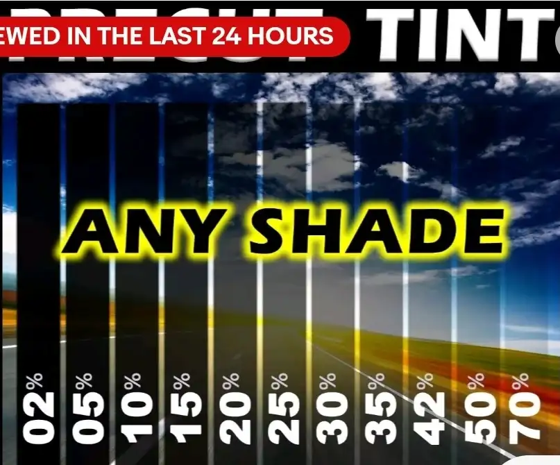 Window tint shade comparison chart showing VLT percentages from 2% to 70%