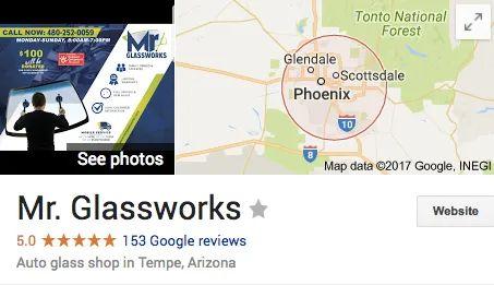 Google Reviews for Mr. Glassworks showing 5.0 stars